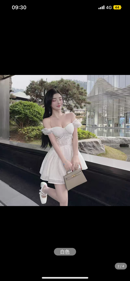 2023 new summer style French puff short-sleeved temperament square neck waist A-line skirt one-shoulder tube top puffy dress