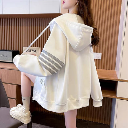 Age-reducing sports style sweatshirt cardigan for women 2023 early autumn new Korean style chic loose casual top hooded jacket (J0247)
