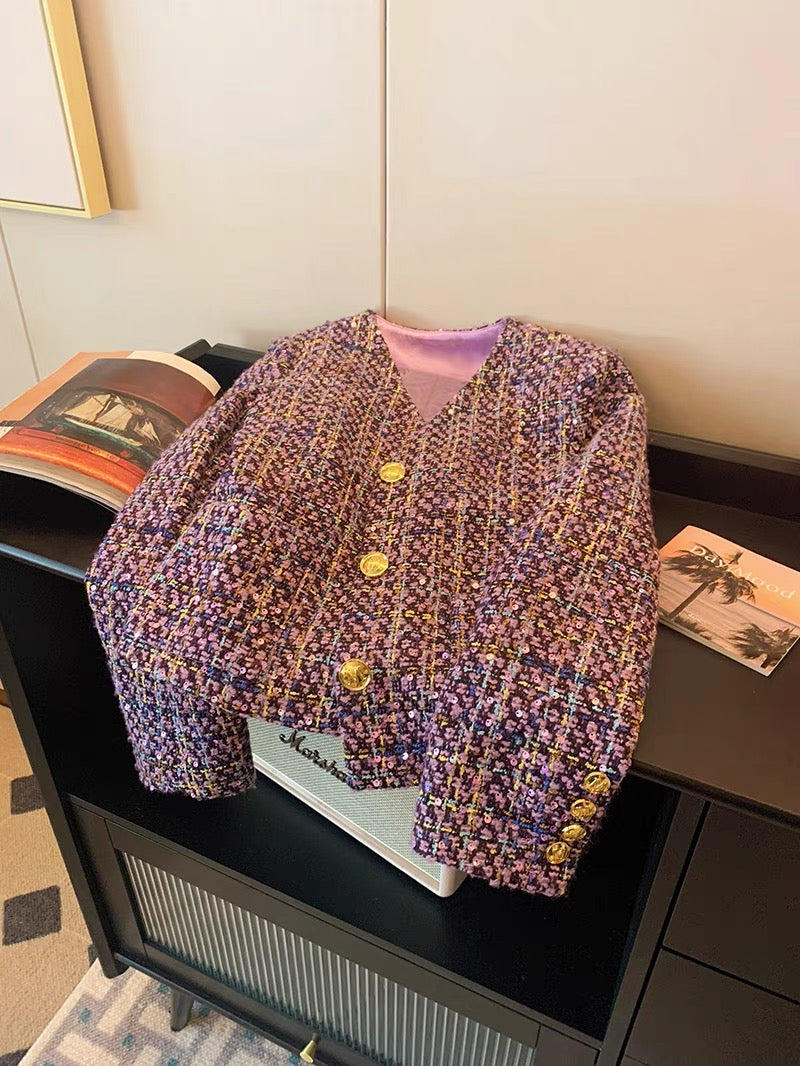Xiaoxiangfeng purple heavy industry sequined V-neck jacket women's autumn and winter 2023 new high-end lady style temperament top