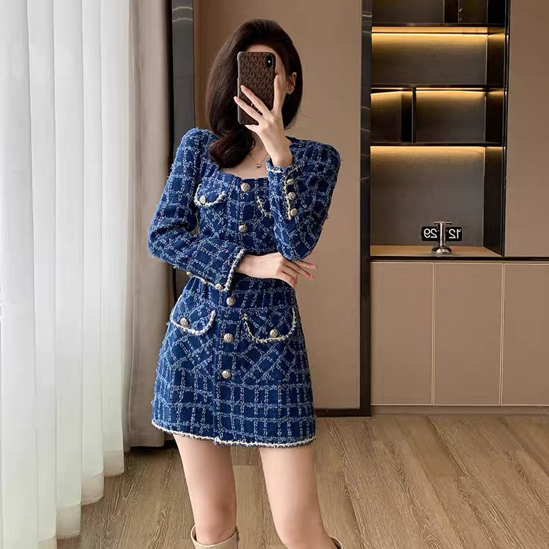 2023 new autumn and winter women's clothing small fragrant style high-end dress for small women slimming blue woolen skirt