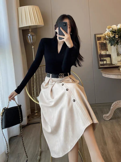 Two-piece suit women's autumn clothes new western style fashionable French retro bottoming velvet dress temperament slim long skirt