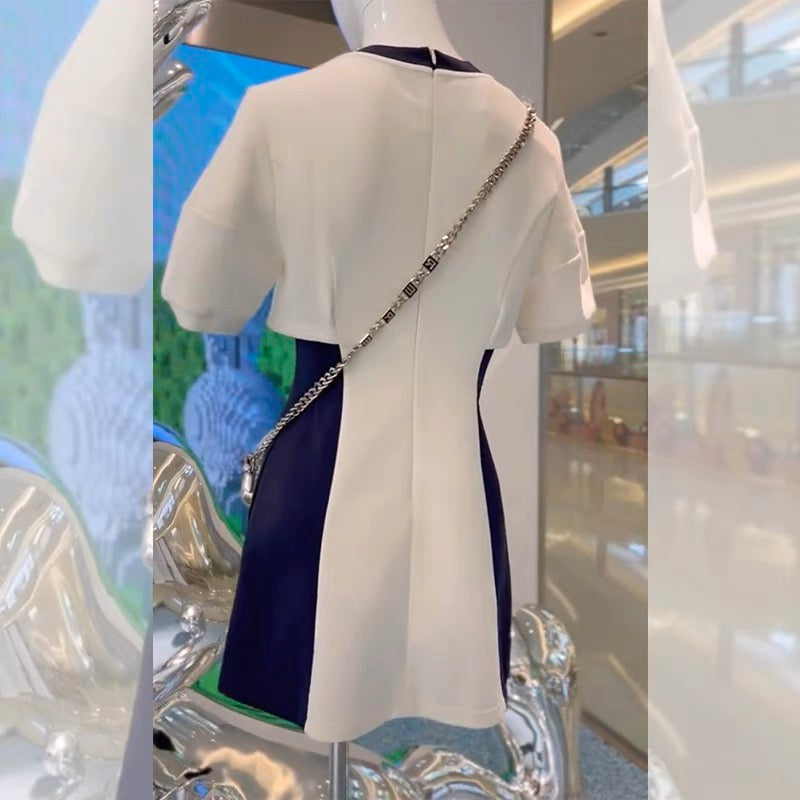 [Nanyou designer style] Temperament color matching letter printing round neck dress female 2023 new fashion niche