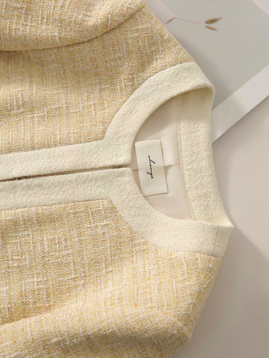 [WTF662636AG] Xiaohan Lemon Tea French Round Neck Tweed Wool Short Fragrance Jacket