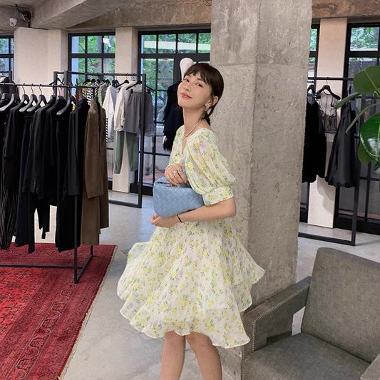 【13C】Summer new style short-sleeved v-neck high-waisted skirt Korean style daisy floral dress for women D770
