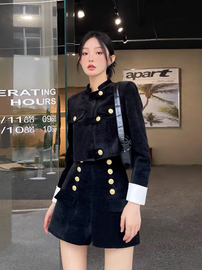 Black velvet suit for women, new autumn style, high-end, temperament, double-breasted jacket, short skirt, two-piece set (B2413)