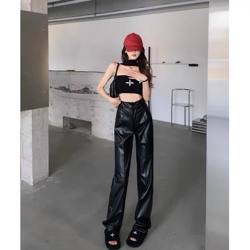 Summer high waist thin straight loose casual leather pants women's drape black wide-leg pants design sense niche long pants