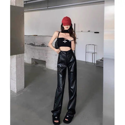Summer high waist thin straight loose casual leather pants women's drape black wide-leg pants design sense niche long pants