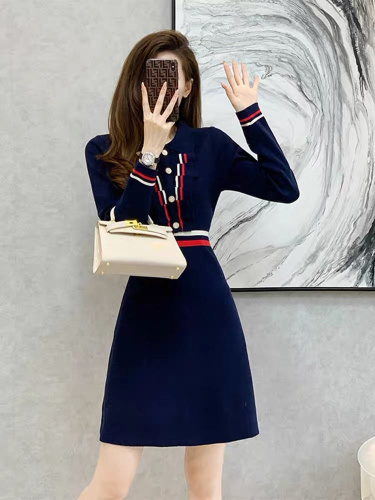 Autumn and winter 2023 new style small fragrance Polo collar knitted dress high-end temperament waist slimming bottoming sweater dress D8891
