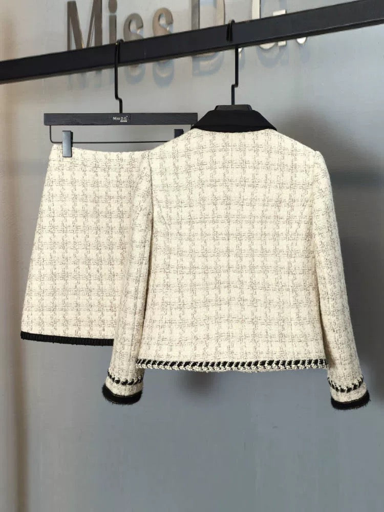 Miss DG small fragrance suit for women autumn and winter bow tie design short coat slimming skirt two-piece set
