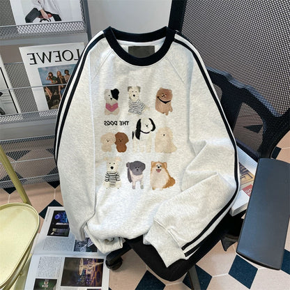 American style super cute dog contrast striped sweatshirt men and women autumn and winter loose lazy style niche couple tops