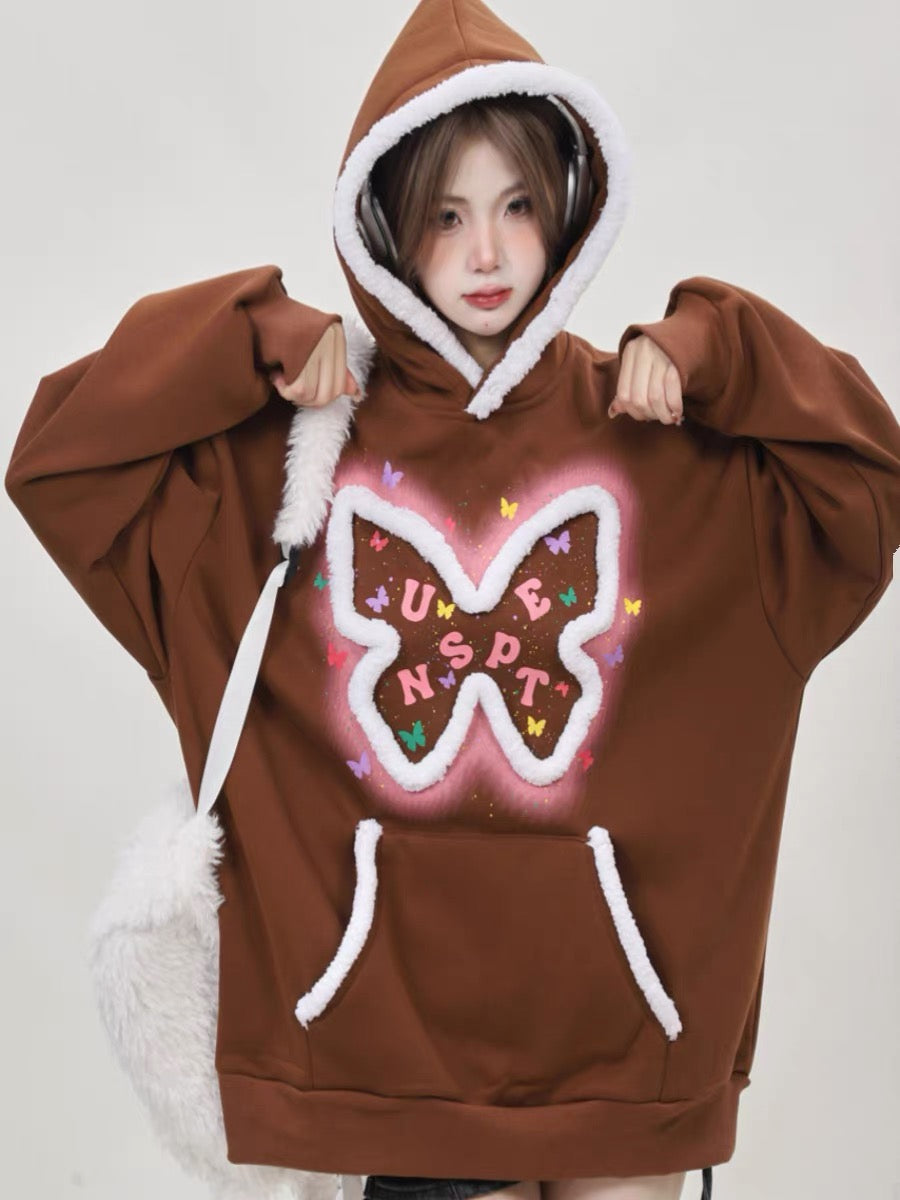American oversize niche hooded butterfly pink sweatshirt for women plus velvet and thickened 2023 new top for small people A3348