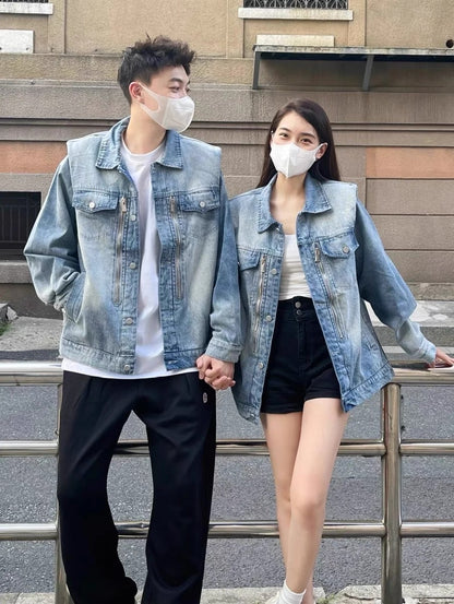 American retro oversize shoulder pad denim jacket men's autumn new high street loose couple jacket top tide