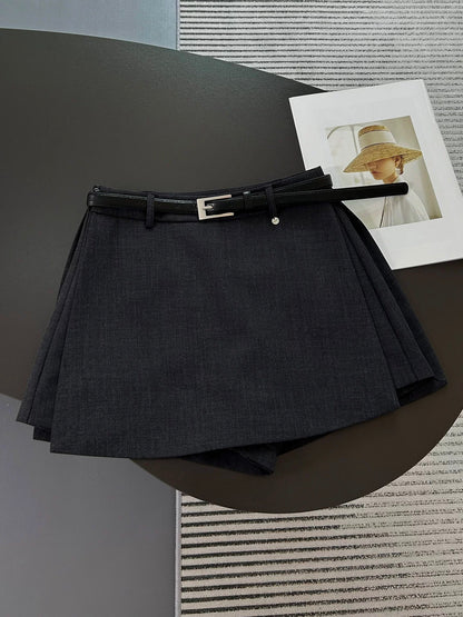 Gray high-waisted blazer skort with a side slit, flattering A-line fit. Easy to style for both work and casual looks.