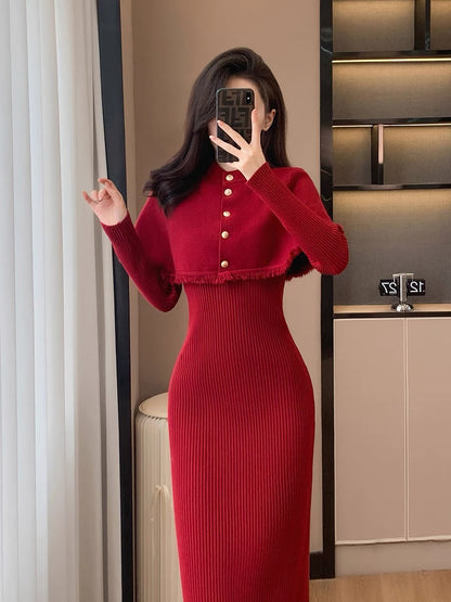 Winter new retro fashion temperament elegant and high-end goddess style two-piece long skirt shawl knitted dress