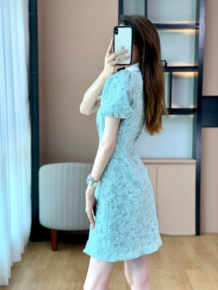 2023 new high-end French style puff-sleeved polo-neck dress for women with niche summer design