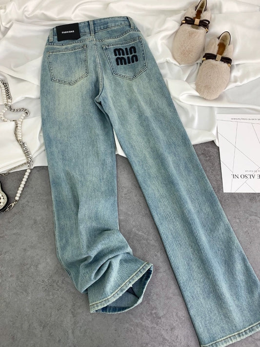 2024 spring new style high-waisted slimming loose light-colored straight pants embroidered letters narrow stretch jeans for women
