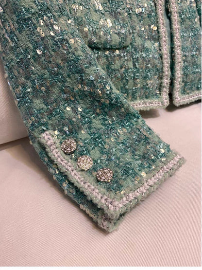 2023 New French high-end street green small fragrant jacket for women in spring and autumn slim short top