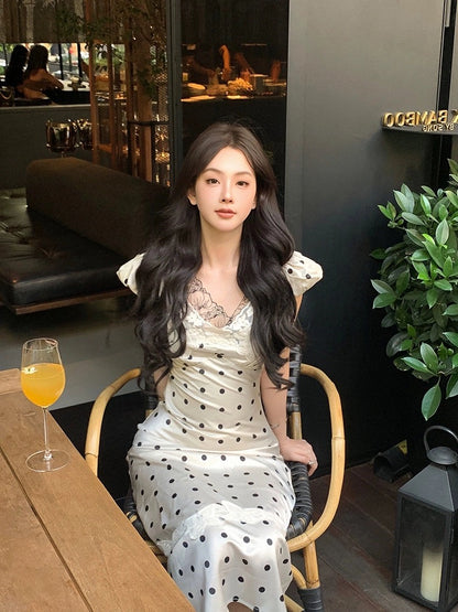 STRIVE/Yumiko fat mm French design polka dot dress women's spring and summer retro pure lust satin long skirt