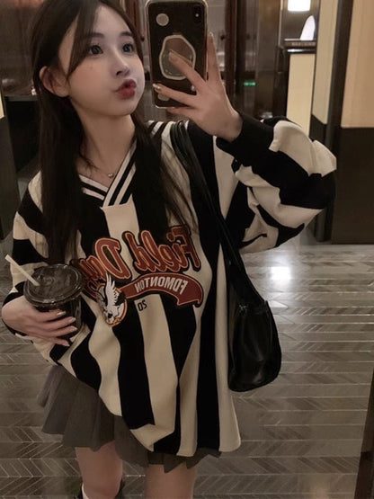 American retro letter printing V-neck long-sleeved T-shirt women's autumn loose and thin mid-length striped casual top trend