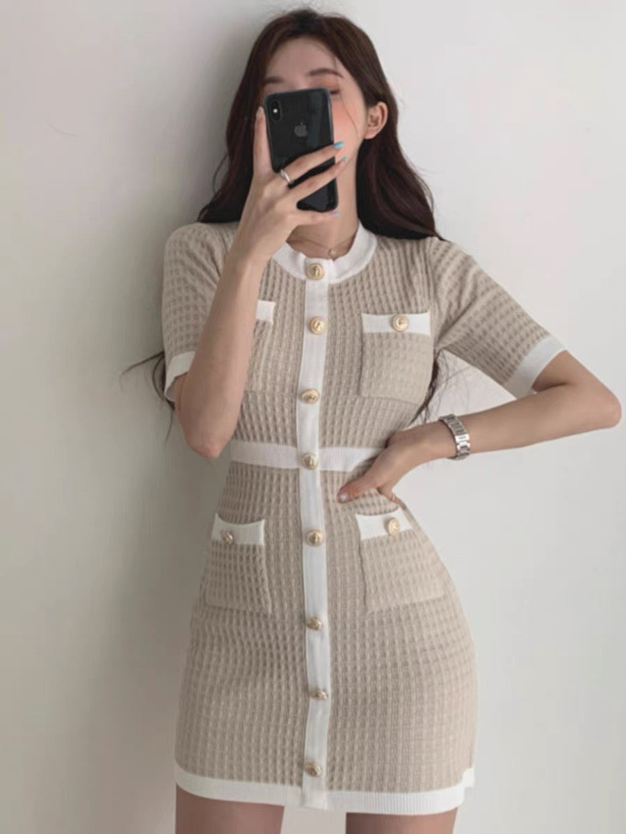 Korean chic summer women's clothing retro niche round neck contrasting color design slim hip hip skirt knitted dress for women