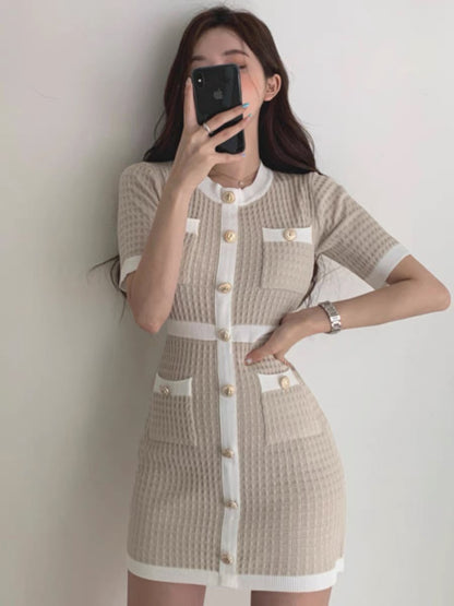 Korean chic summer women's clothing retro niche round neck contrasting color design slim hip hip skirt knitted dress for women