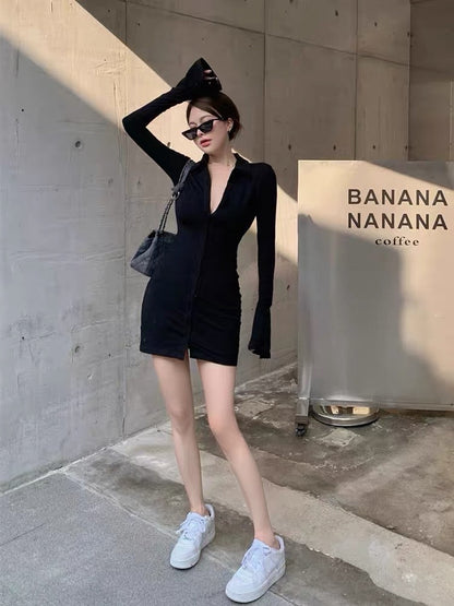 2023 new spring and autumn babes temperament self-cultivation and thin black bag hip senior sexy long-sleeved polo dress female