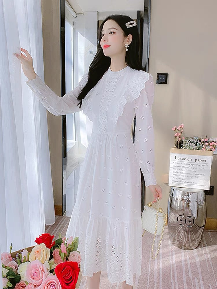 French white lace dress women's autumn clothing 2023 new niche design first love chic fairy dress (S3339)