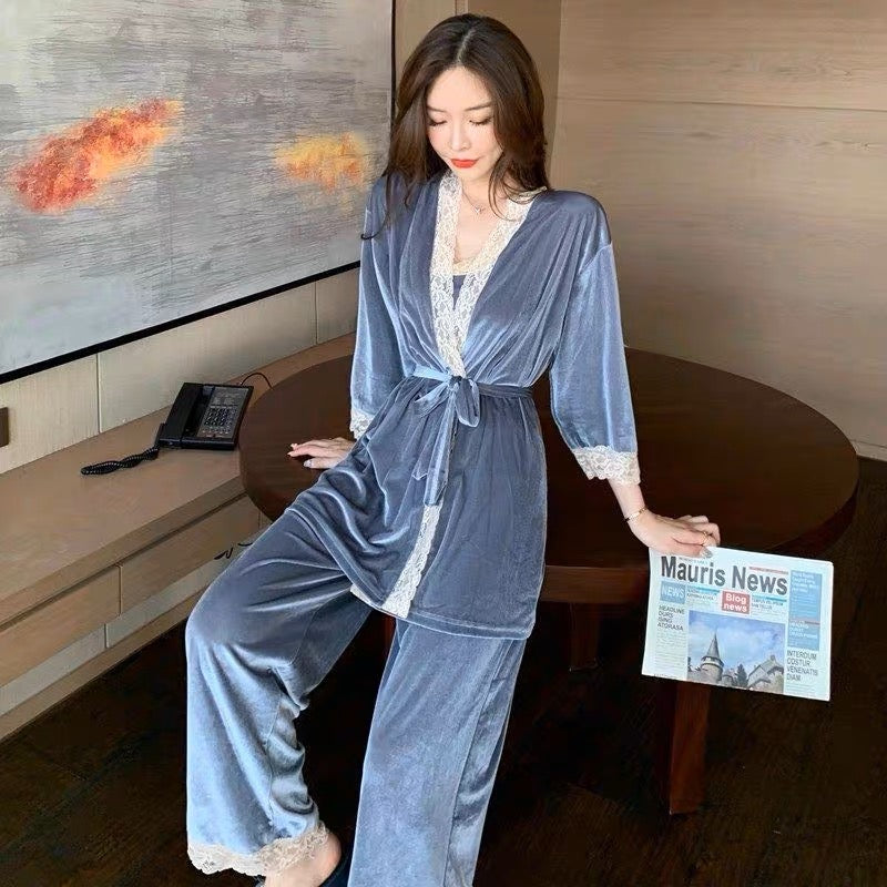 Autumn and winter pajamas women's three-piece sexy lace plus size plus size can be worn outside suspender nightgown gold velvet home clothes