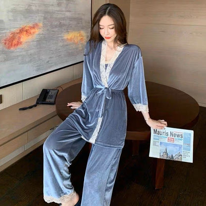Autumn and winter pajamas women's three-piece sexy lace plus size plus size can be worn outside suspender nightgown gold velvet home clothes