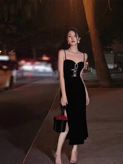 Thirteen and Little Black Suspender Dress Women's Summer Sexy Velvet Slit Slim French Dress