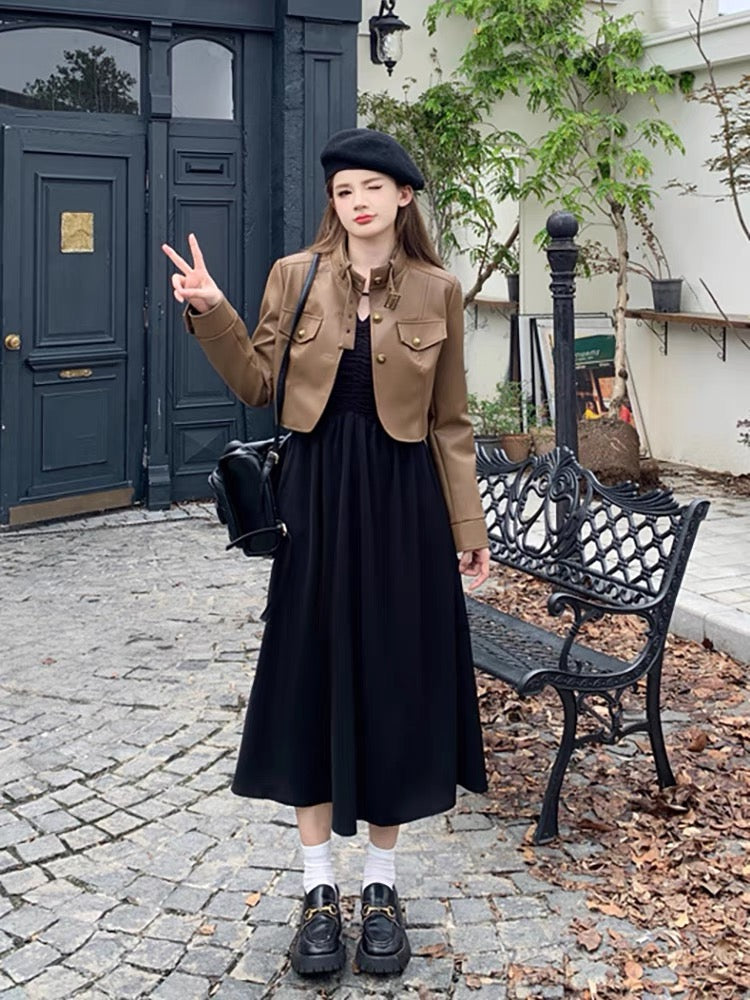 Plus size Hepburn style 2023 autumn two-piece short motorcycle pu leather jacket + waist black dress for women (S0970)