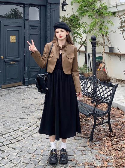 Plus size Hepburn style 2023 autumn two-piece short motorcycle pu leather jacket + waist black dress for women (S0970)