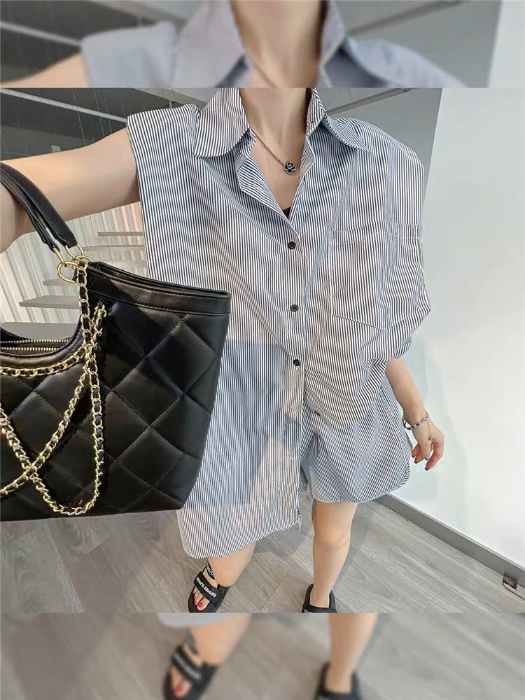 Mrs. fashionable sleeveless shirt and shorts two-piece set for women summer wear 2023 new loose casual Internet celebrity suit trend (S026)