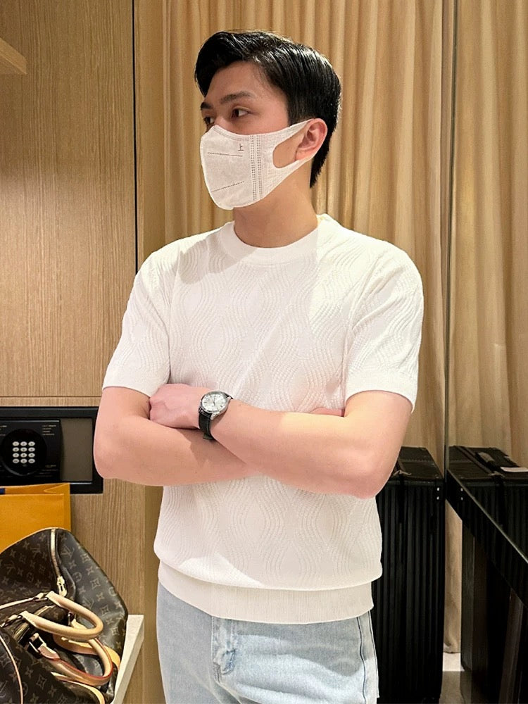Fashionable high-end simple and generous white bottoming shirt men's summer thin custom three-dimensional texture slim knit sweater men