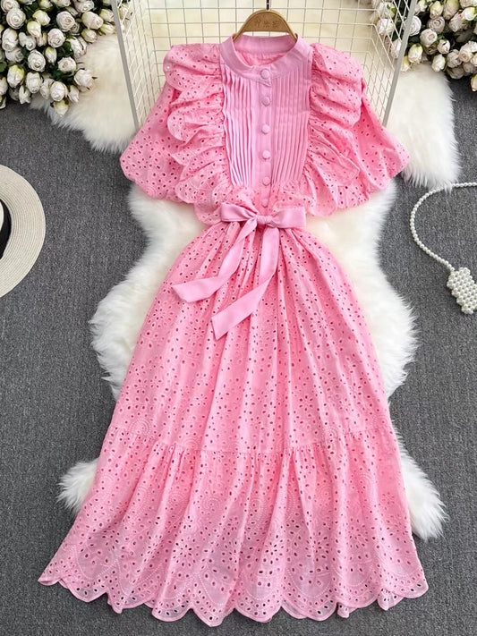 Fashion Puff Sleeve Stand Collar Waist Slimming Bowknot Tie Waist Slimming Hollow A-Line Ruffle Dress