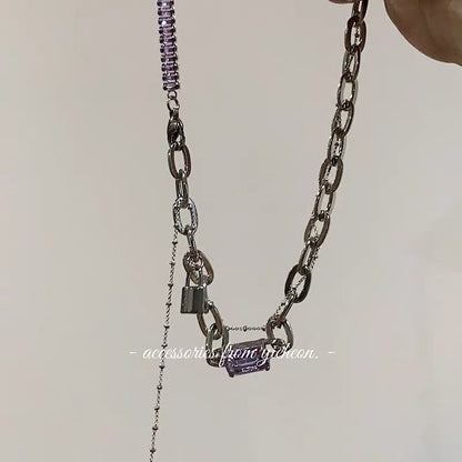YIcheon out of control 2.0 Nanjing lock purple gemstone necklace female ins wind chain niche stacked clavicle chain C43