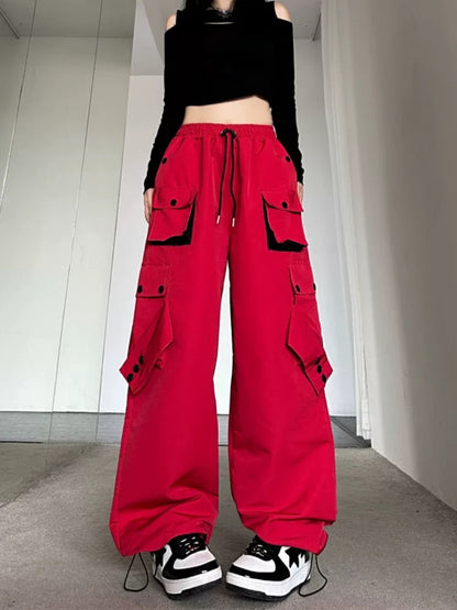 American high street workwear casual pants for women in autumn, loose contrasting color straight trousers with pockets, straight leg leggings, wide leg trousers