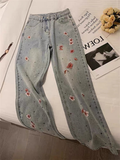 Korean version of high-level design sense heavy industry printing wide-leg jeans for men and women summer street loose retro straight pants