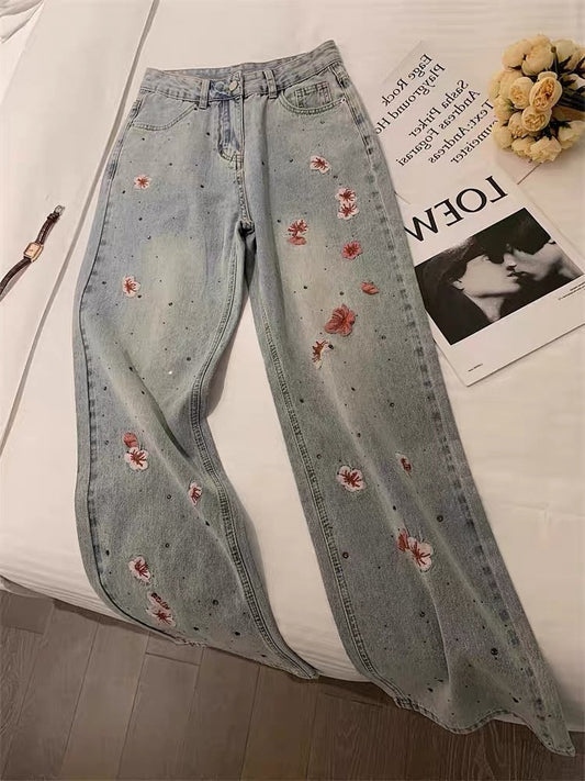 Korean version of high-level design sense heavy industry printing wide-leg jeans for men and women summer street loose retro straight pants