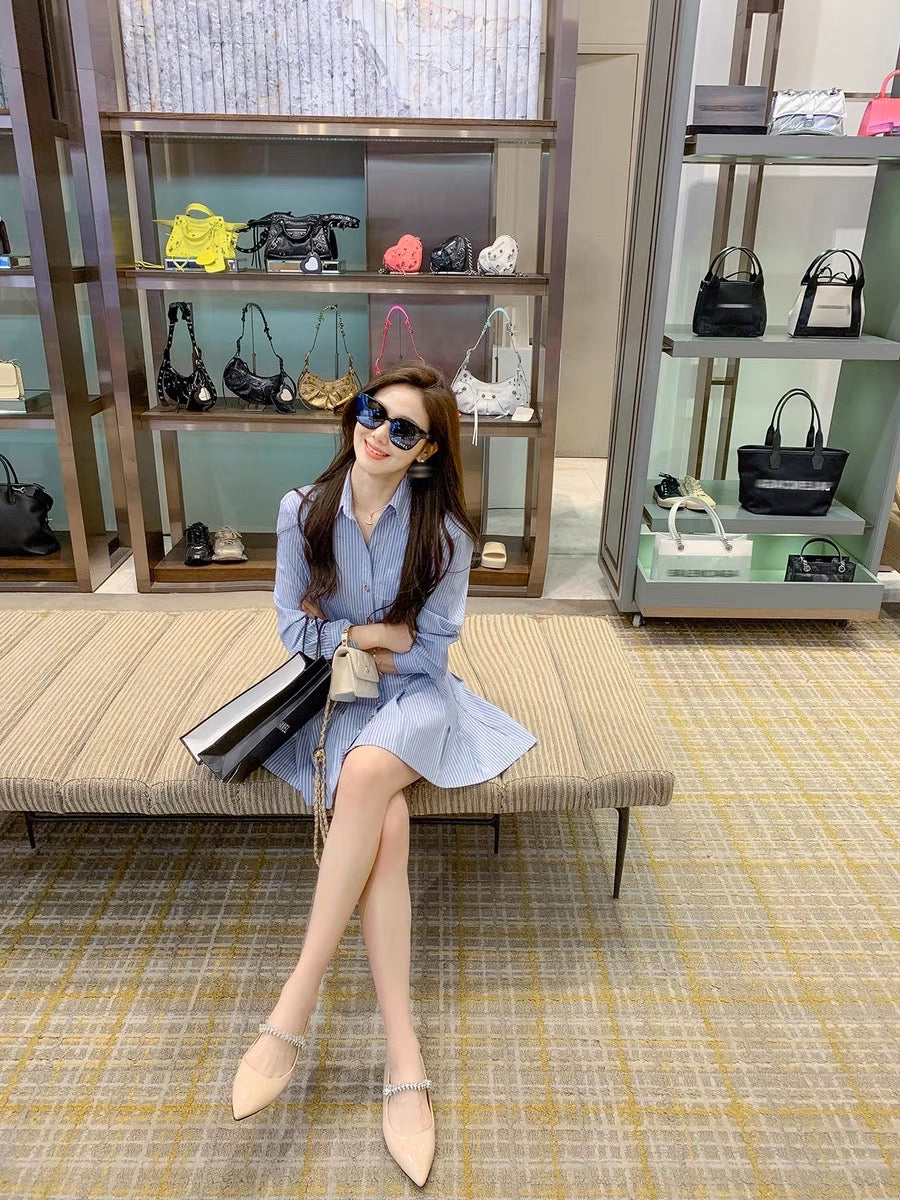Fish Rabbit's Rabbit Shirt Dress 2023 new women's striped short-sleeved slim waist temperament a-line skirt