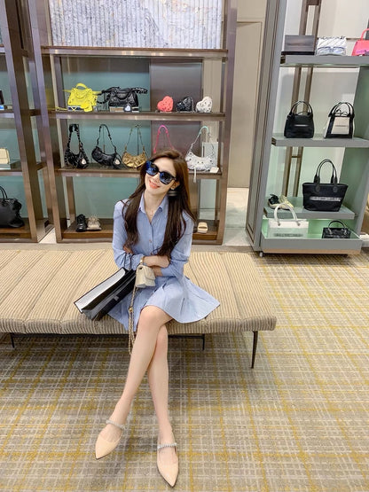 Fish Rabbit's Rabbit Shirt Dress 2023 new women's striped short-sleeved slim waist temperament a-line skirt