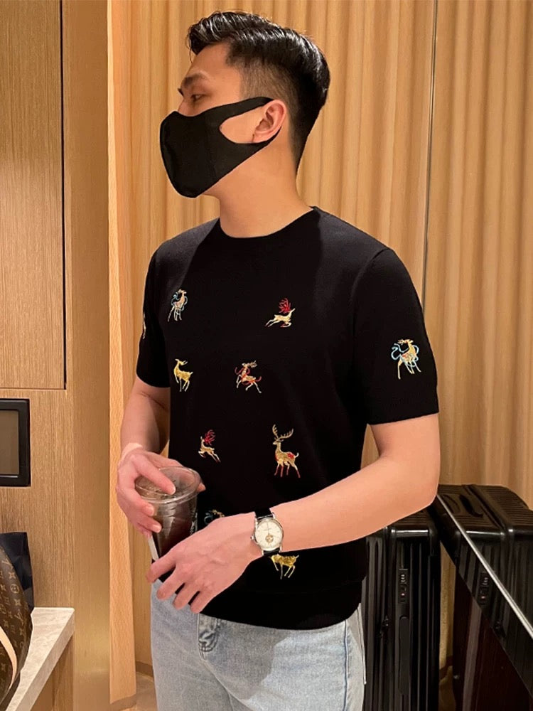 Yomobrother fashion colorful deer embroidery men's T-shirt summer new slim knitted short sleeve 2024 new men