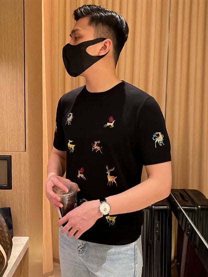Yomobrother fashion colorful deer embroidery men's T-shirt summer new slim knitted short sleeve 2024 new men