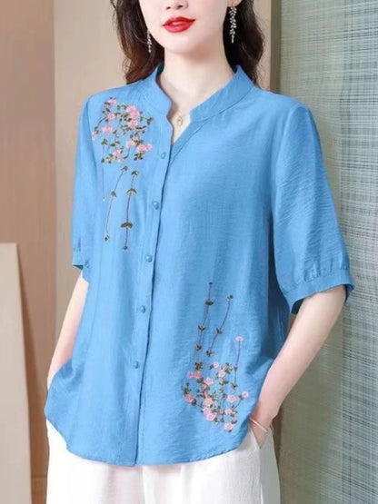 Summer mid-sleeve cotton and linen tops for women 2024 new Chinese style embroidered ladies shirts moms loose linen shirts
