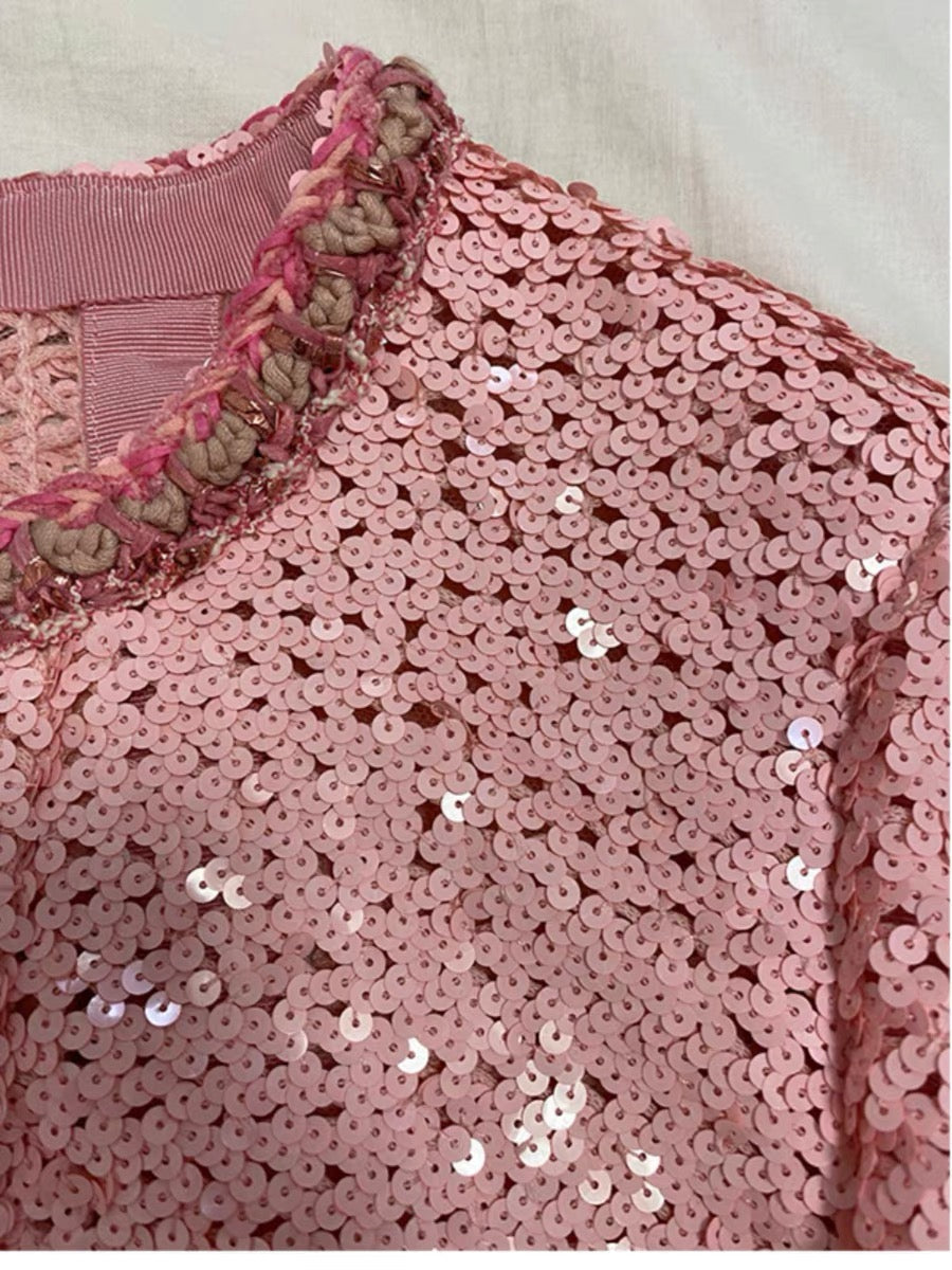 2023 Early Autumn New Pink Full Glitter Sequins Socialite Small Fragrance Style Jacket Women's Round Neck Double Pocket Short Top