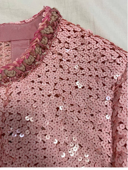 2023 Early Autumn New Pink Full Glitter Sequins Socialite Small Fragrance Style Jacket Women's Round Neck Double Pocket Short Top