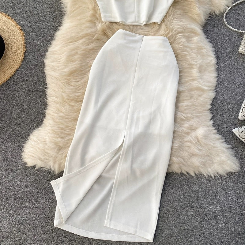 Cool and elegant lady internet celebrity suit solid color round neck vest short top high waist hip-wrapped mid-length skirt two-piece suit for women