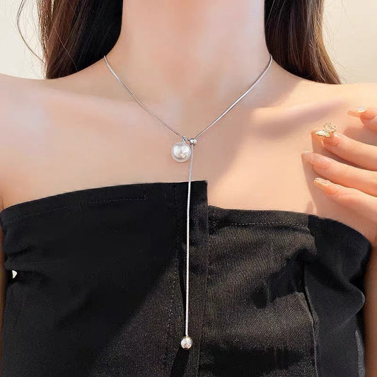 French style pearl round bead tassel Y-shaped adjustable necklace fashionable personality clavicle chain high-end necklace for women