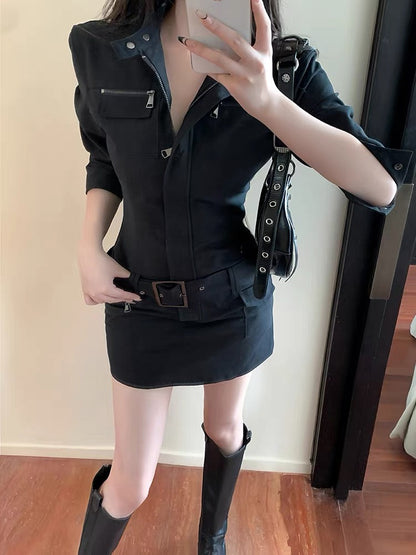MOXI sweet cool hot girl black mid-sleeved summer tooling dress female American retro design sense slim skirt