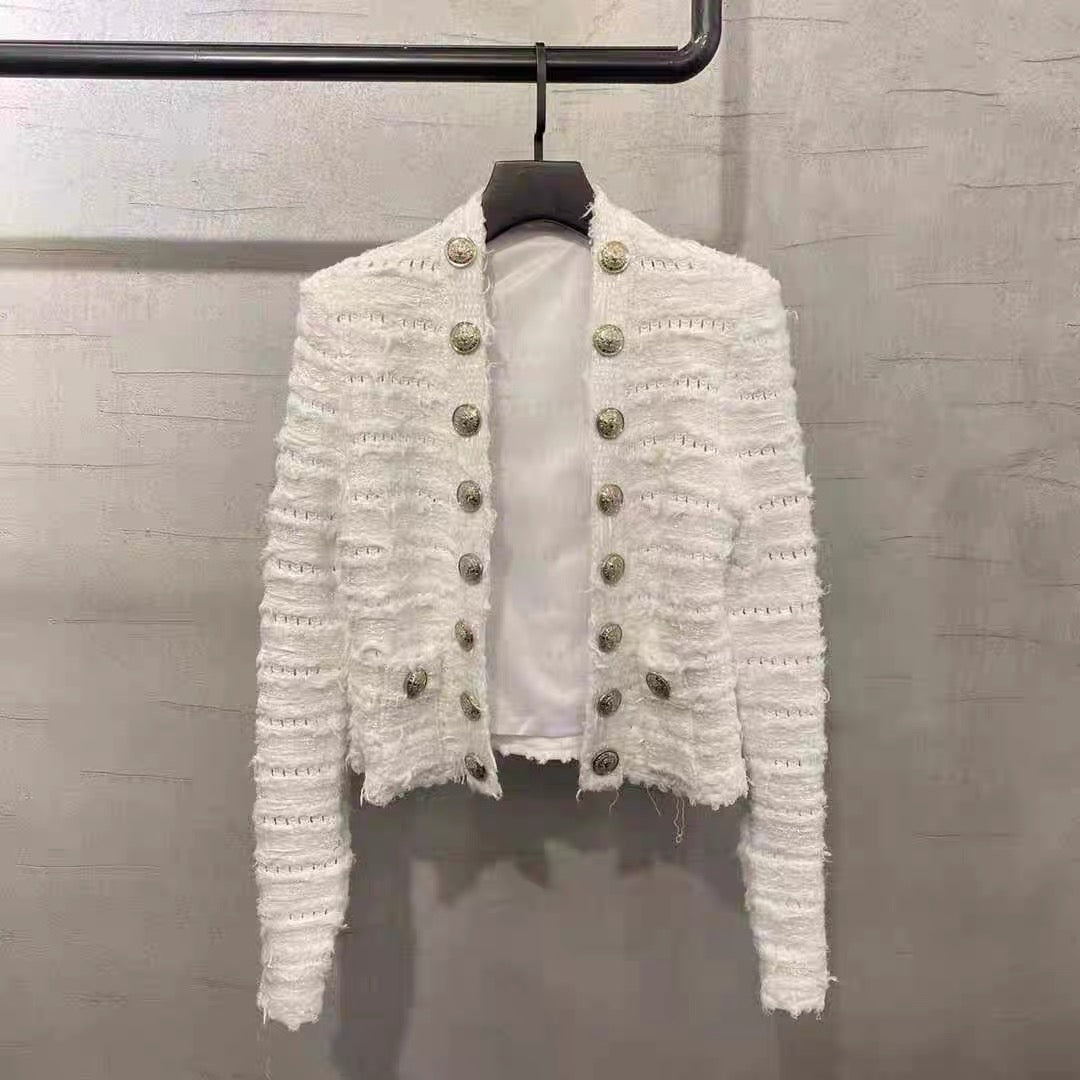 European Station Autumn and Winter New Style Slim Fit Socialite Double-row Metal Button Tassel Jacquard Braided Knitted Short Jacket for Women